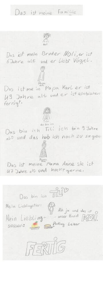 Eingescannte Zeichnungen und Text auf dem Tilis Familie vorgestellt wird. Als erstes ist ein kleiner Junge mit wuscheligem Haar abgebildet mit der Unterschrift "Das ist mein Bruder Noli, er ist 6 Jahre alt und er liebt Vögel. Darunter die Zeichnung eines Mannes mit der Unterschrift Papa.
