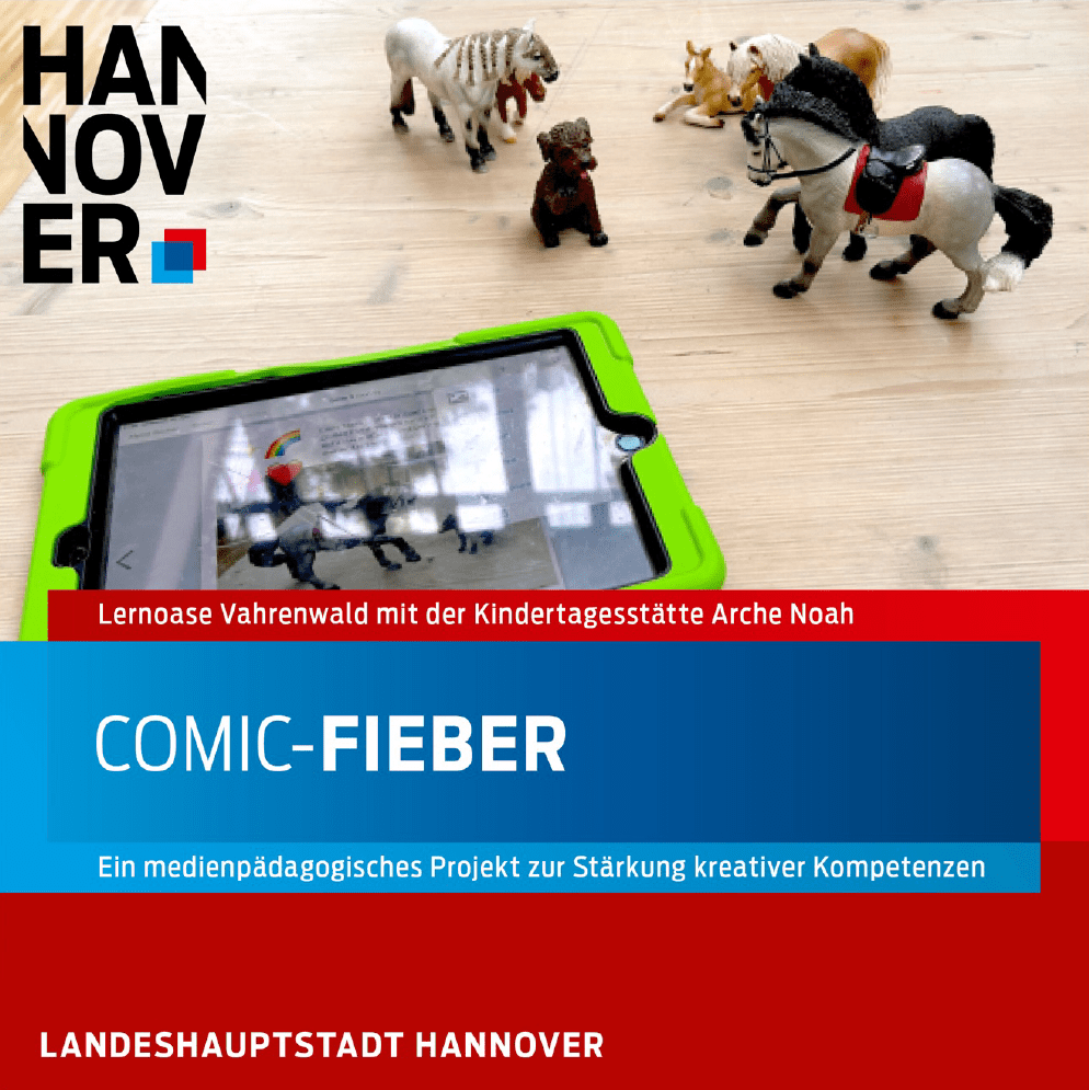 Cover eines Heftes mit der Aufschrift "Comic-Fieber". Hinter dem Textfeld ist ein iPad und ein paar Spielzeugpferde im Hintergrund.