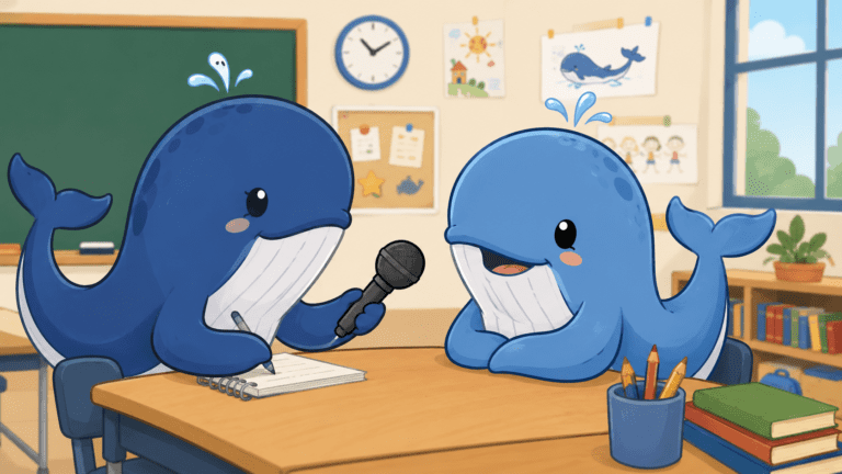 KI-erstelltes Cartoon-Bild mit zwei Walen in einem Klassenraum. Ein dunkelblauer Wal mit einem Mikrofon und einem Notizblock interviewt einen hellblauen Wal.